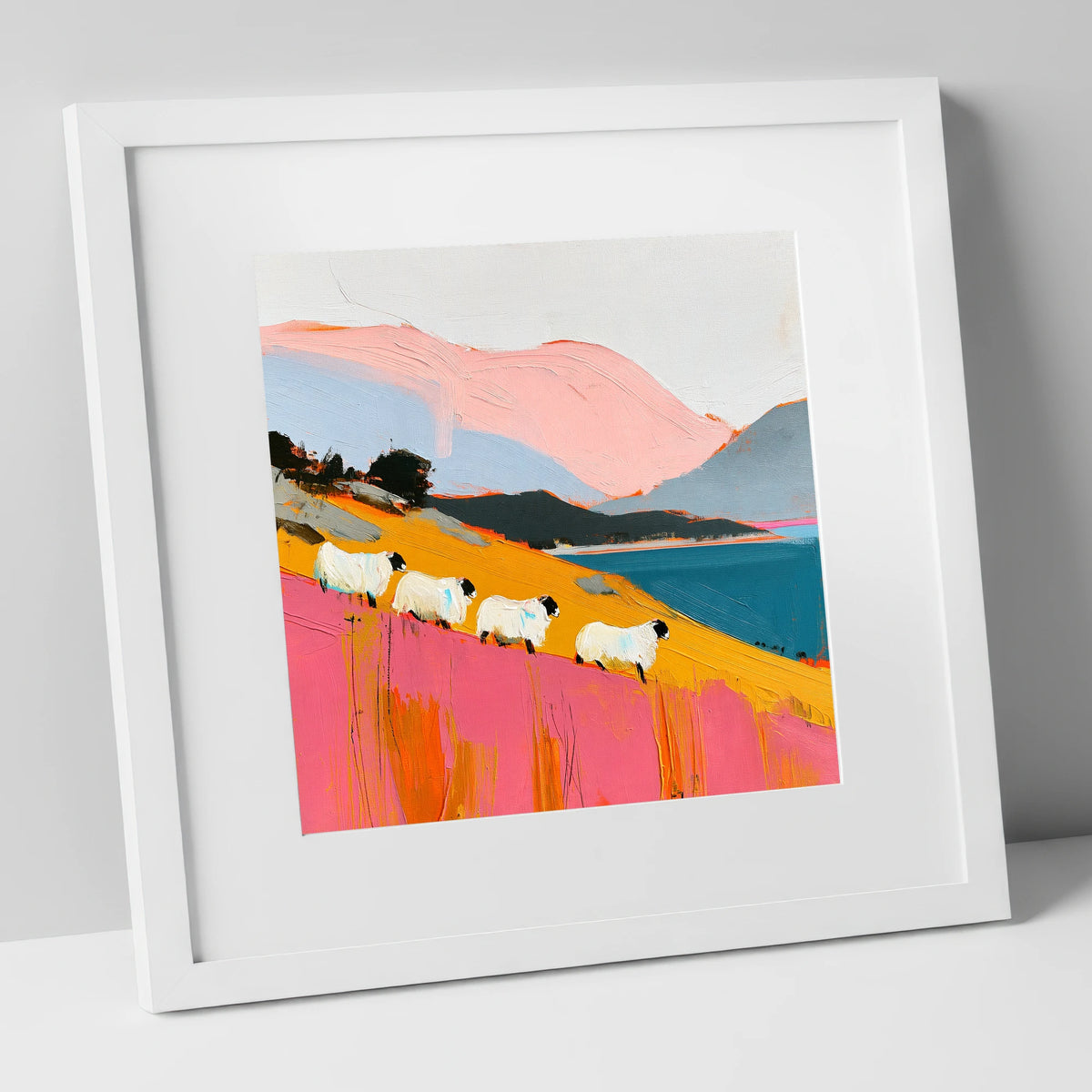Vibrant Herdwicks Above Teal Lake lake district wildlife art print in white frame