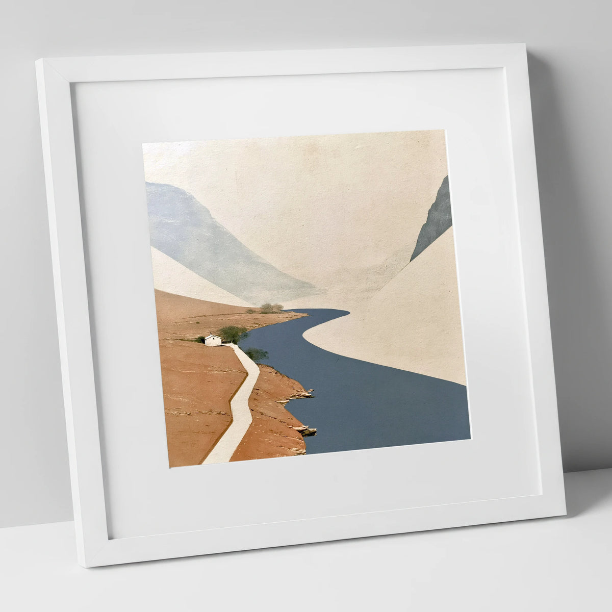 Winding Blue Lake and White Cottage lake district lake art print in white frame