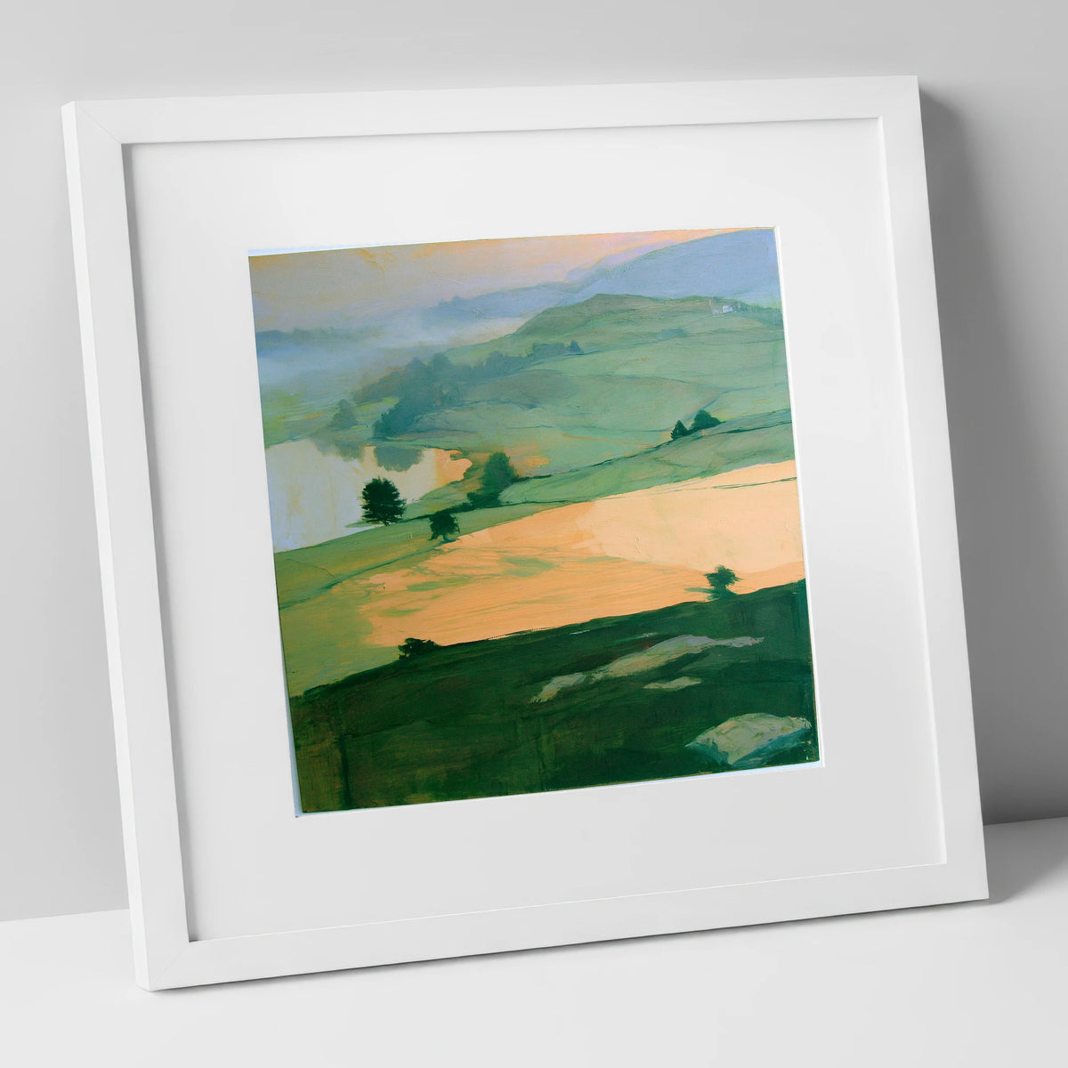 Misty Valley In Apricot Light lake district sky art print in white frame