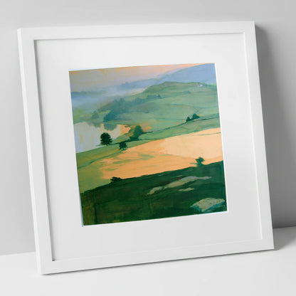 Misty Valley In Apricot Light lake district sky art print in white frame