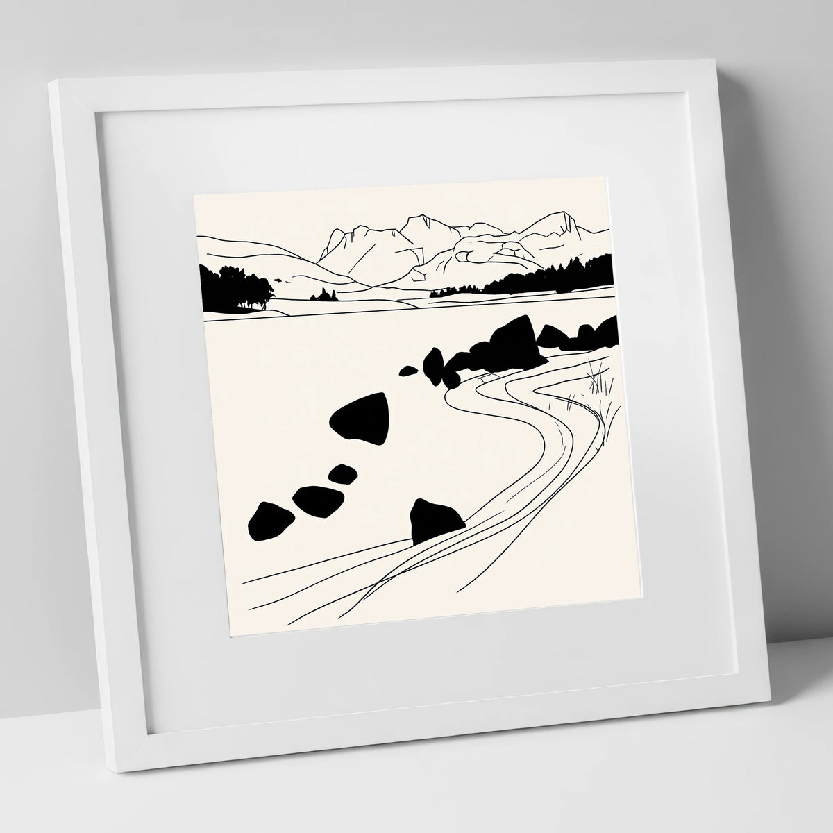 Minimalist Elterwater Scattered Rocks lake district lake art print in white frame