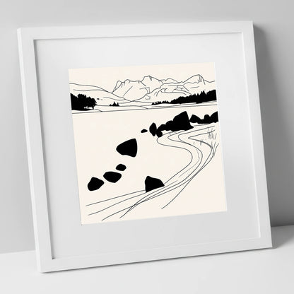 Minimalist Elterwater Scattered Rocks lake district lake art print in white frame
