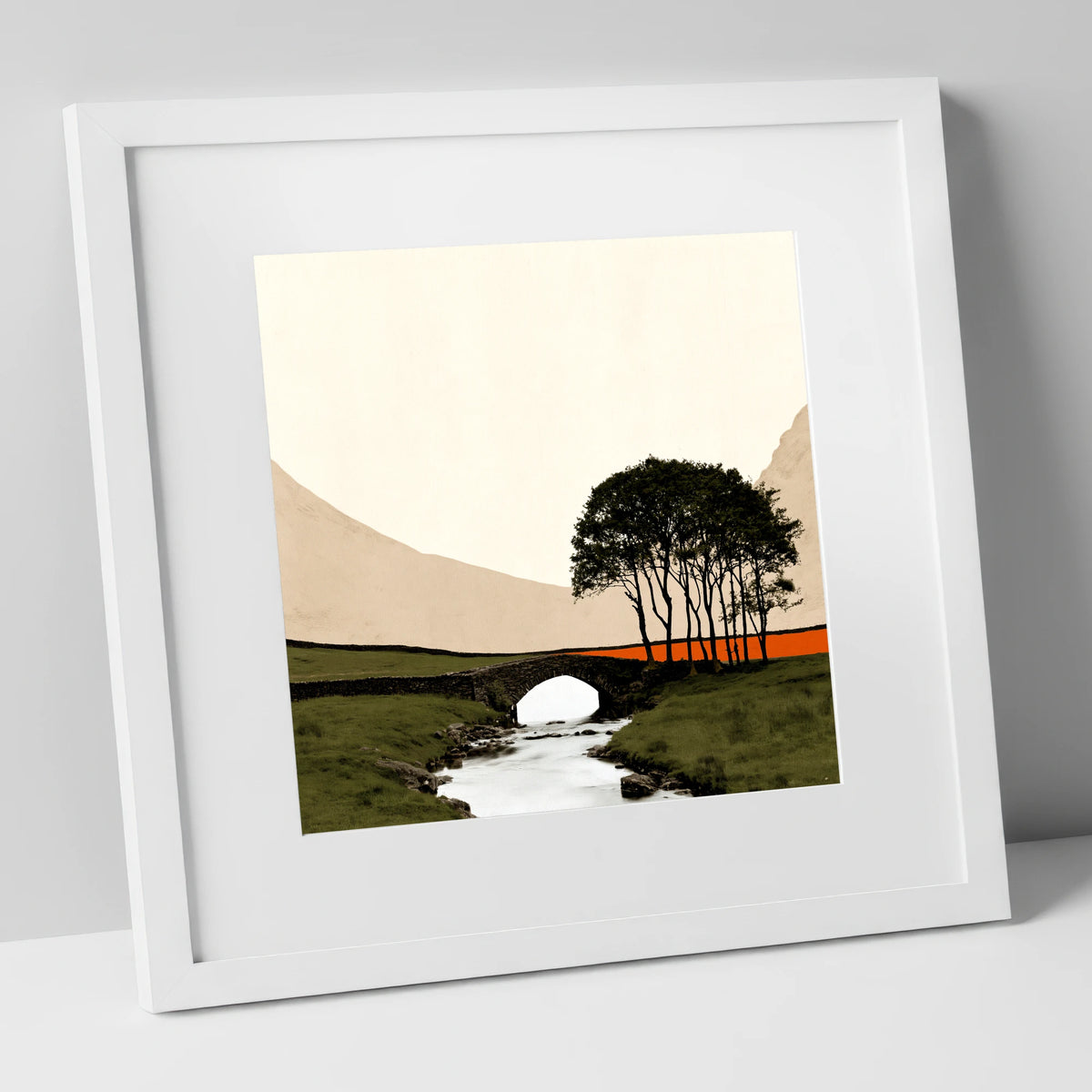 Stone Bridge With Silhouetted Trees lake district waterfall art print in white frame