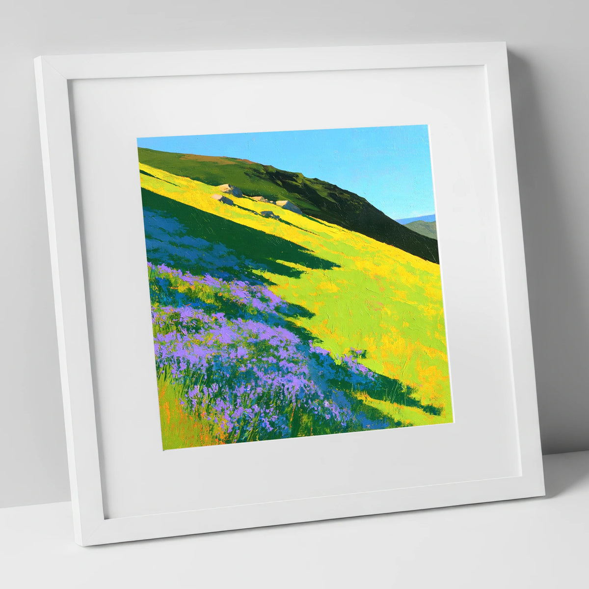 Purple Heather and Fellside Shadows flowers & fellsides art print in white frame