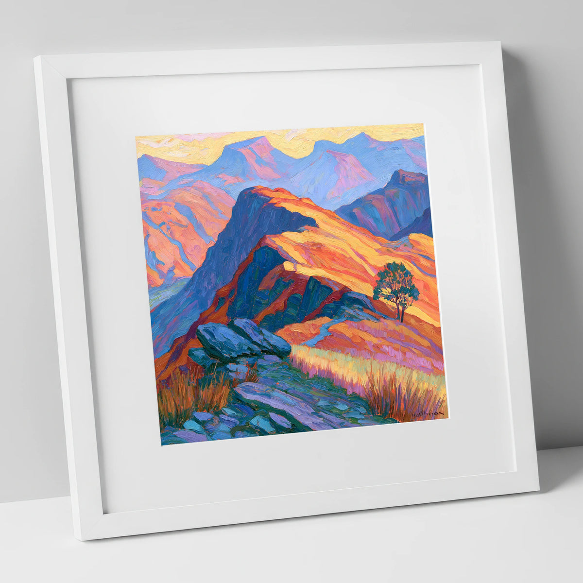 Vibrant Sunlit Mountain Ridge lake district fell art print in white frame