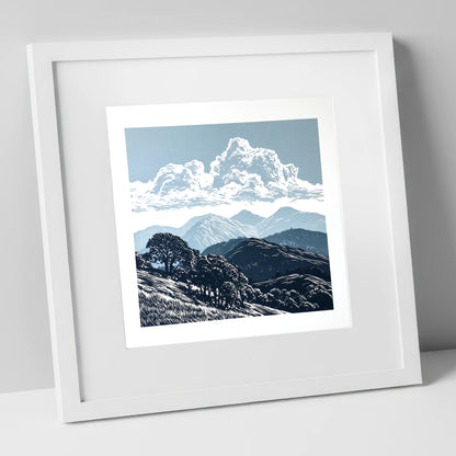 Rolling Fells Beneath Towering Clouds lake district fell art print in white frame