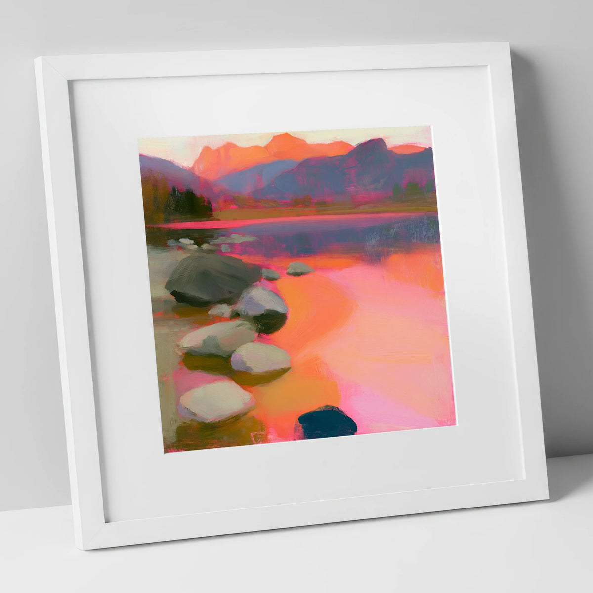 Elterwater Rocks in Fiery Light lake district lake art print in white frame