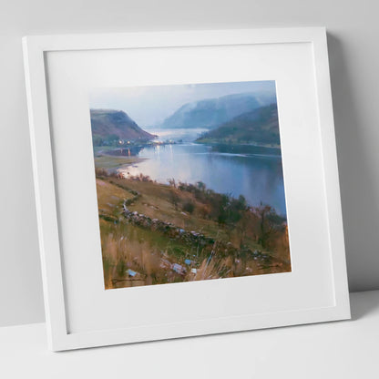 Pooley Bridge Twilight Over Ullswater lake district village art print in white frame