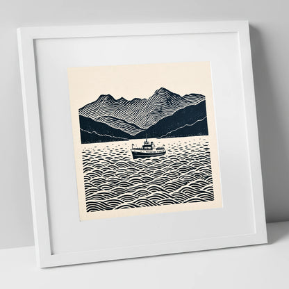 Windermere Cruiser Against Rhythmic Fells lake district lake art print in white frame