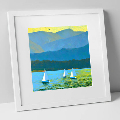 Windermere Sailboats Against Blue Fells lake district lake art print in white frame