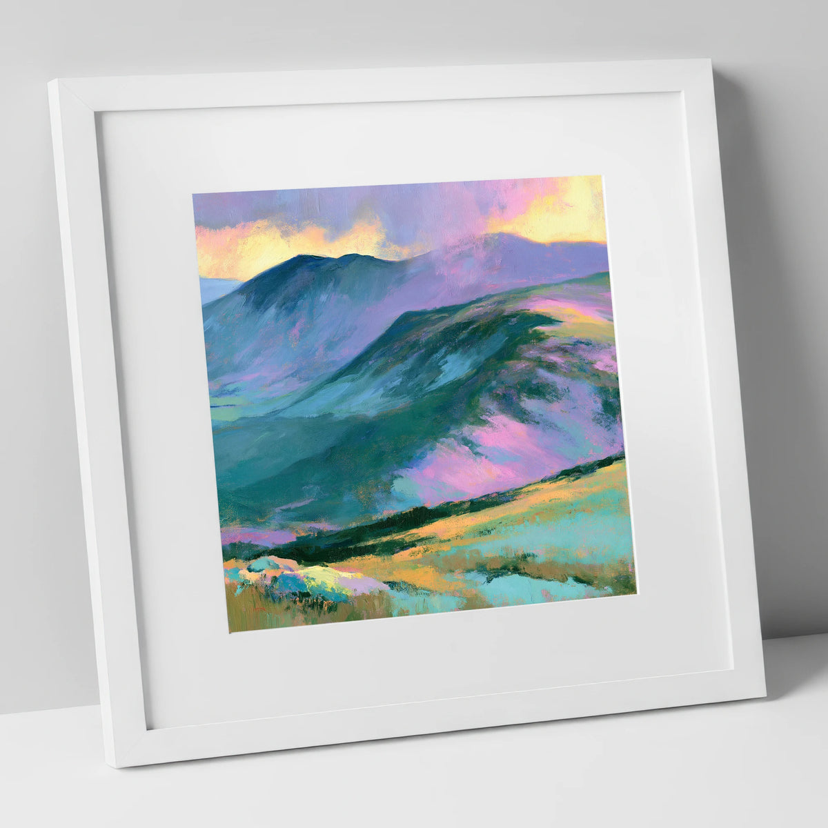 Mountain Summit in Pastel Light lake district fell art print in white frame