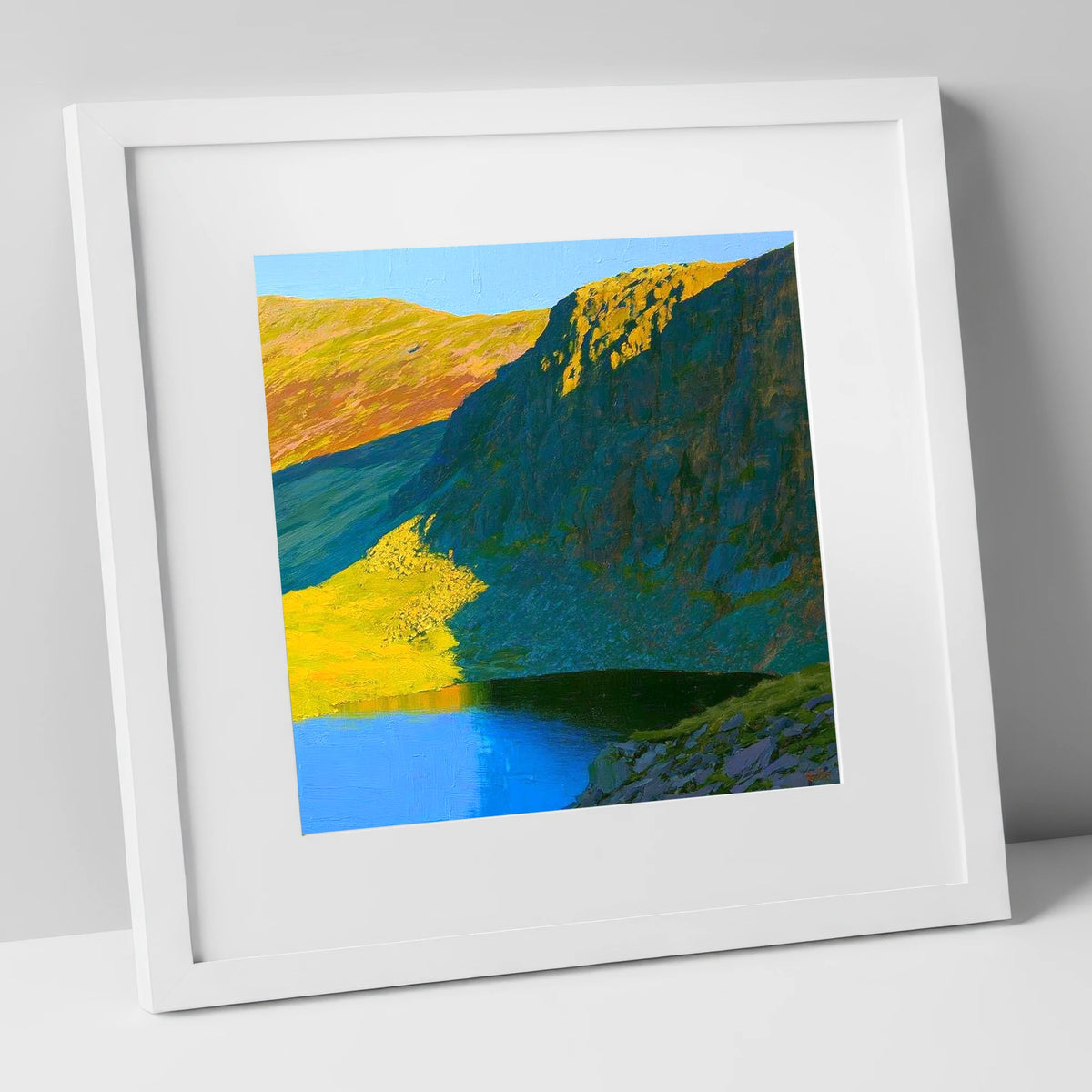 Vibrant Esk Pike and Tarn lake district fell art print in white frame