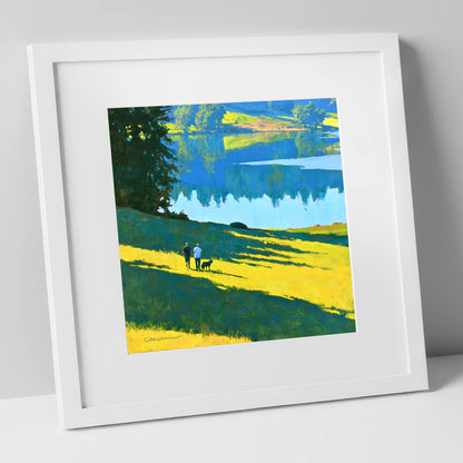 Sunlit Dog Walkers at Tarn Hows gifts for dog walkers art print in white frame