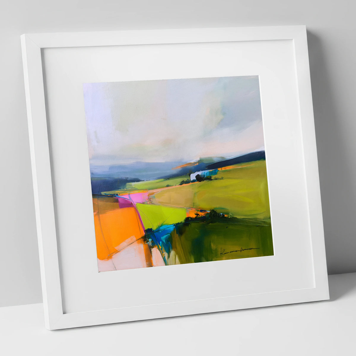 Vivid Patchwork Lakeland Dale lake district valley art print in white frame