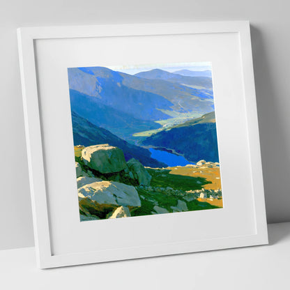 Summit View Over Deep Blue Valley lake district fell art print in white frame