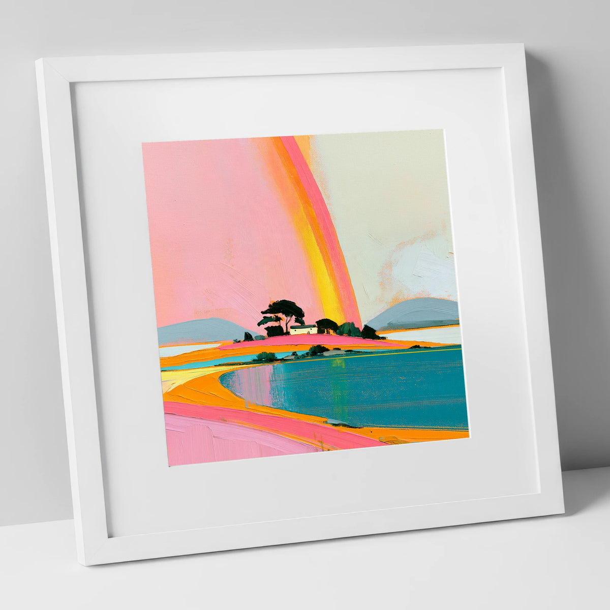 Bold Rainbow Over the Lake lake district sky art print in white frame