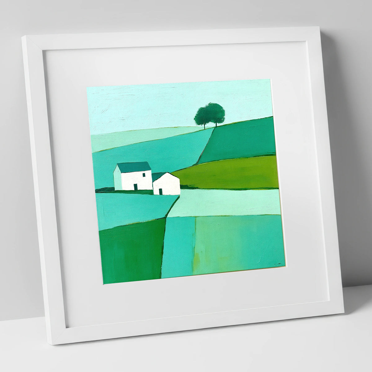 Near Sawrey Cottages In Bold Teal lake district village art print in white frame