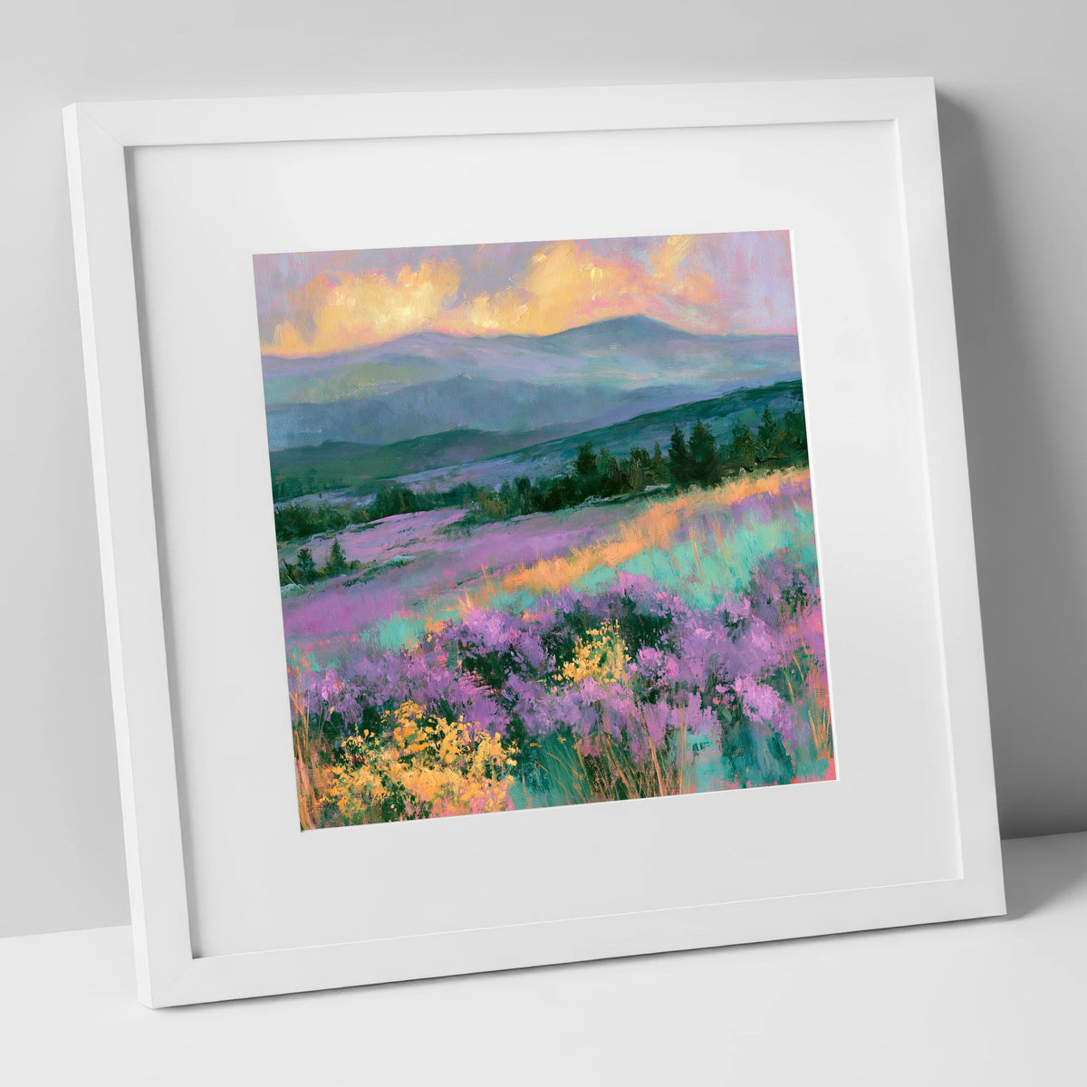 Vibrant Heather Fellside at Sunset flowers & fellsides art print in white frame