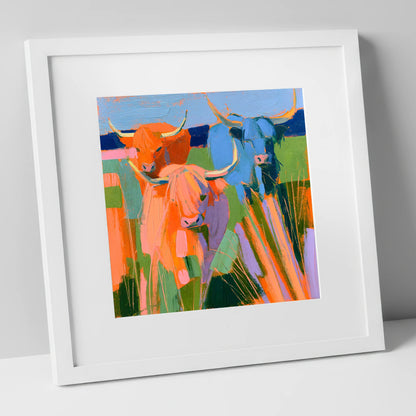 Vibrant Highland Cattle Trio lake district wildlife art print in white frame