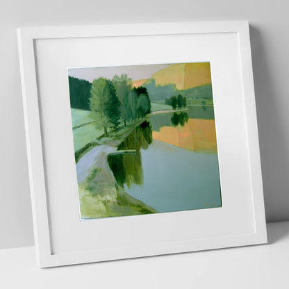 Still Lake in Apricot Dawn lake district lake art print in white frame