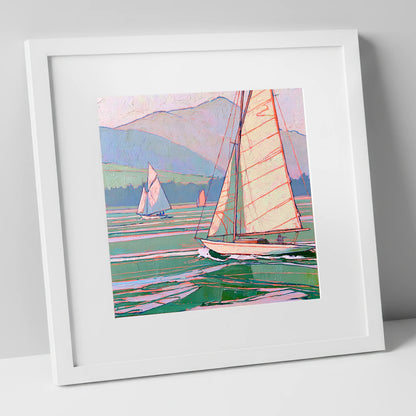 Vivid Yachts on a Breezy Lake lake district walking art print in white frame