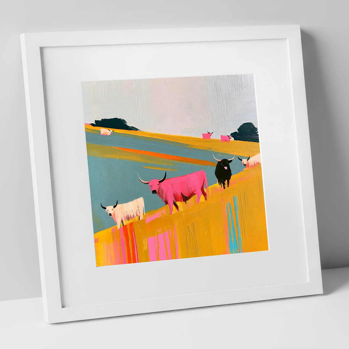 Colourful Highland Cattle Grazing lake district wildlife art print in white frame