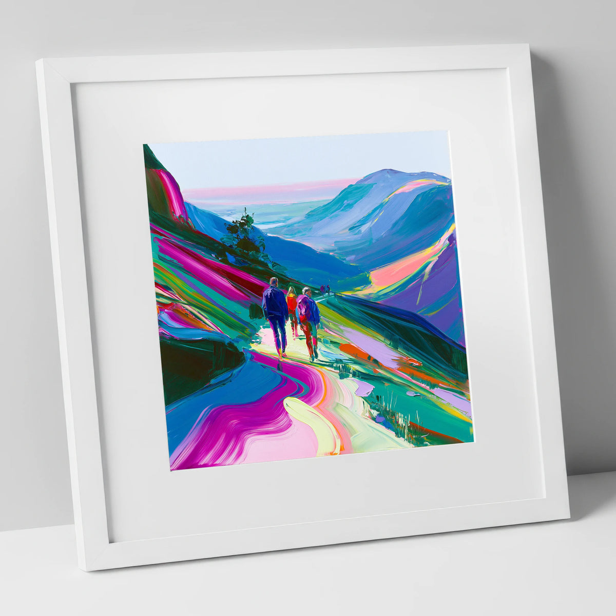 Vivid Walkers on a Mountain Path lake district walking art print in white frame