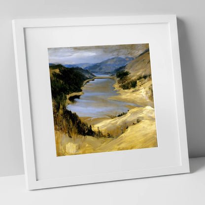 Thirlmere Reservoir in Golden Ochre lake district lake art print in white frame