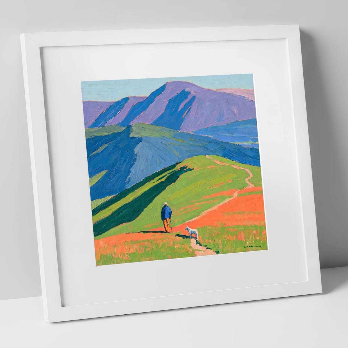 Vibrant Walker and Dog on Latrigg gifts for dog walkers art print in white frame