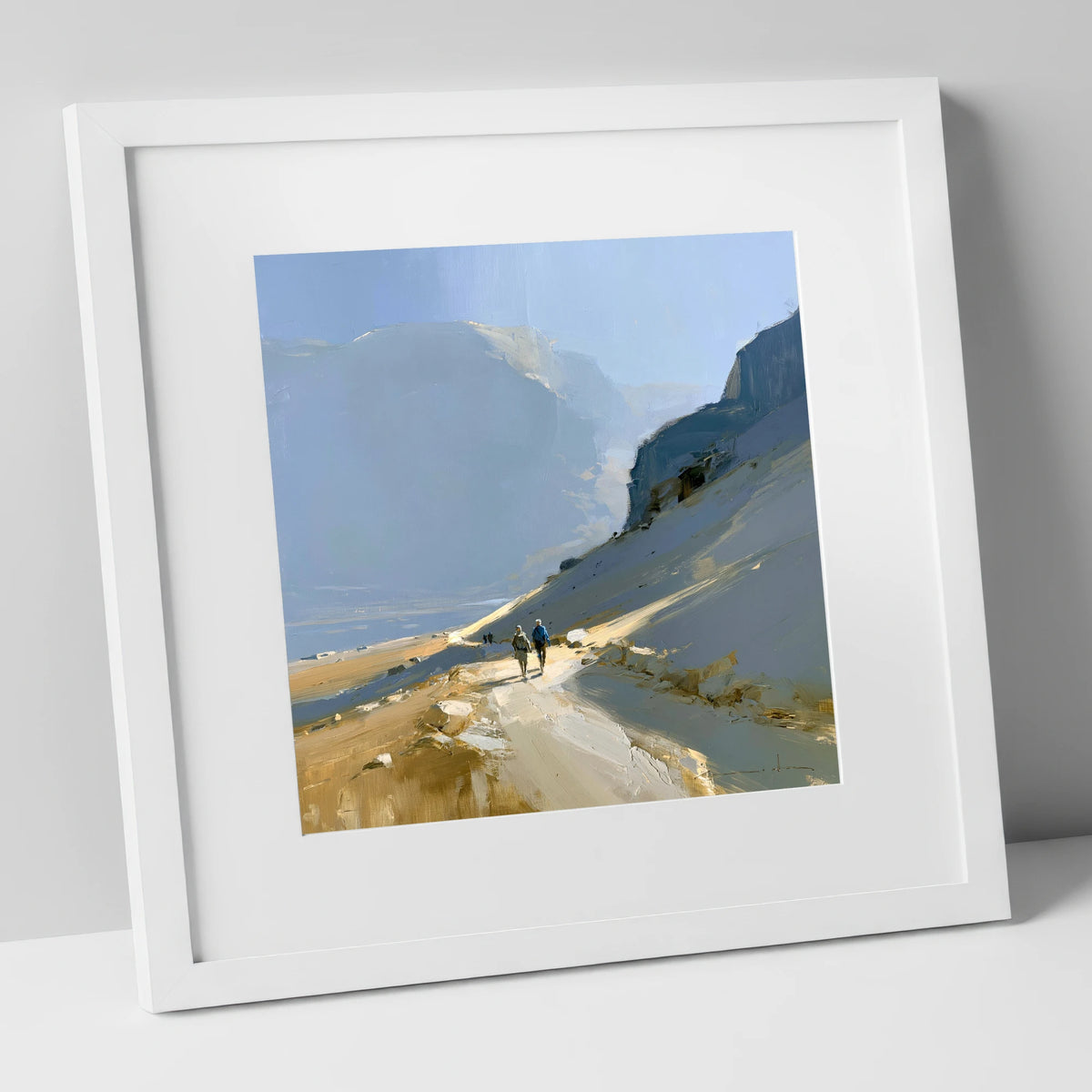 Walkers on a Golden Mountain Path lake district walking art print in white frame