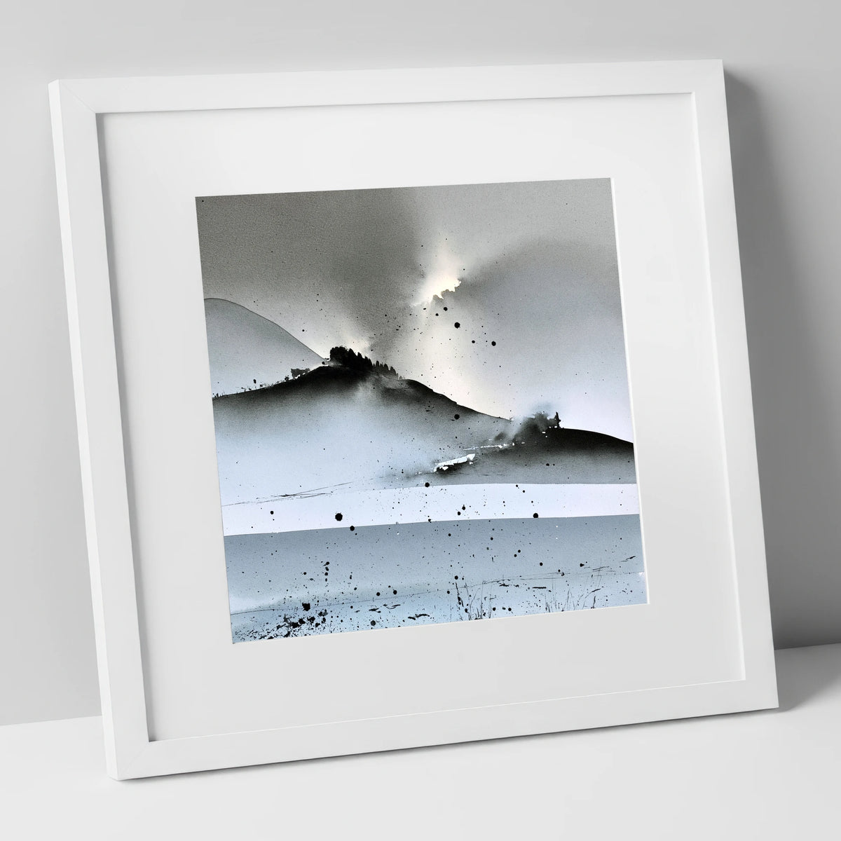 Monochrome Lake District Evening Fells lake district sky art print in white frame