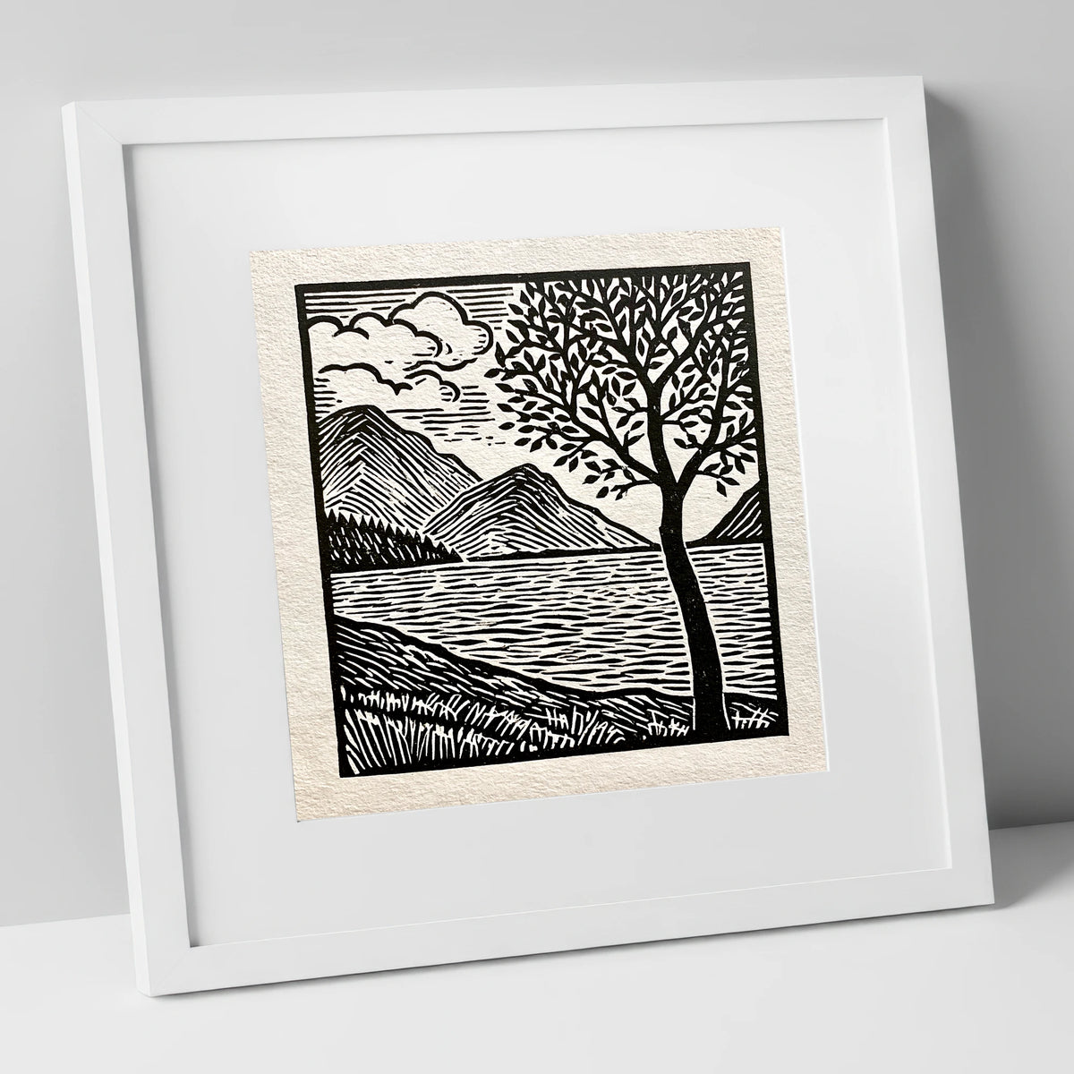 Graphic Crummock Water Fells lake district lake art print in white frame