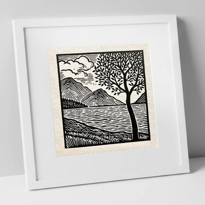 Graphic Crummock Water Fells lake district lake art print in white frame