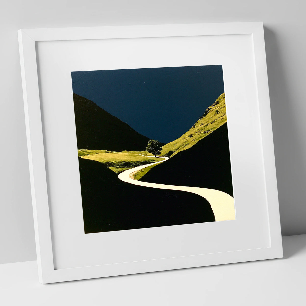 Winding River Through Dark Valley lake district waterfall art print in white frame
