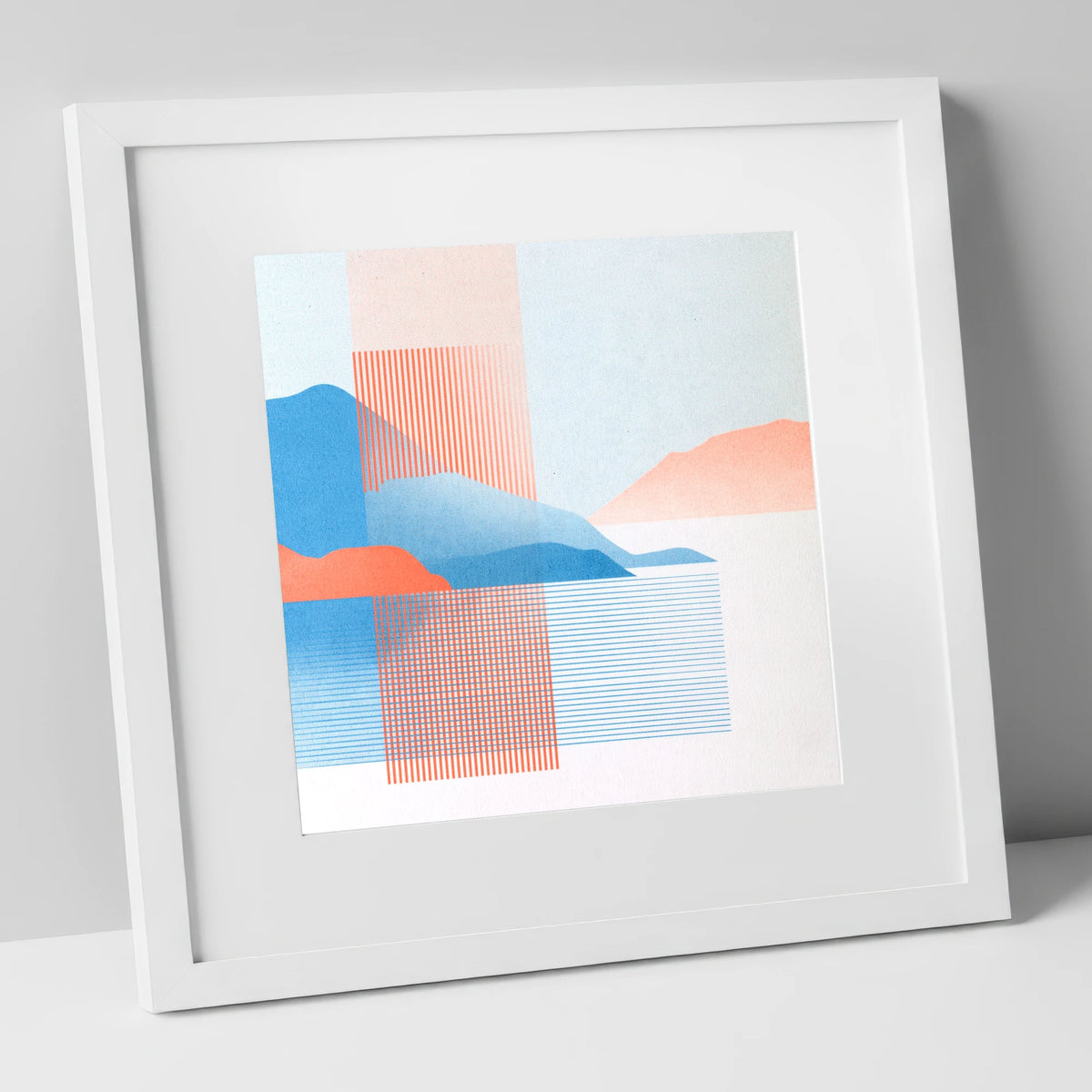 Derwentwater Fells Coral and Blue lake district lake art print in white frame