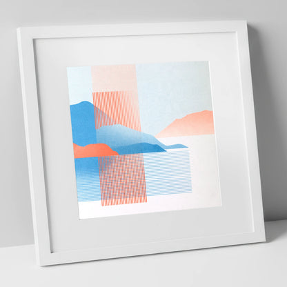 Derwentwater Fells Coral and Blue lake district lake art print in white frame