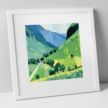 Vibrant Green Valley and Fells lake district valley art print in white frame