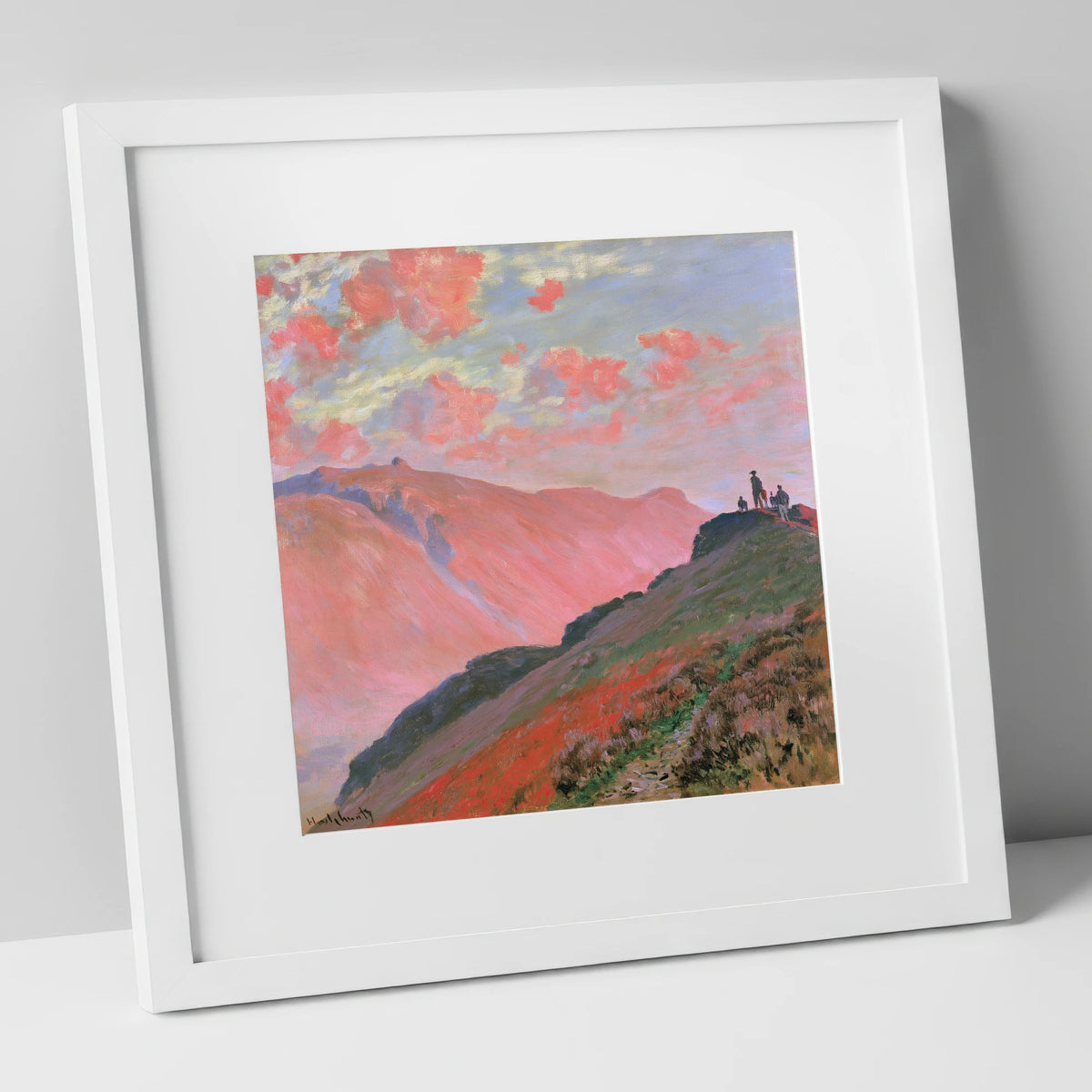 Hikers on a Pink Sunset Fell lake district fell art print in white frame