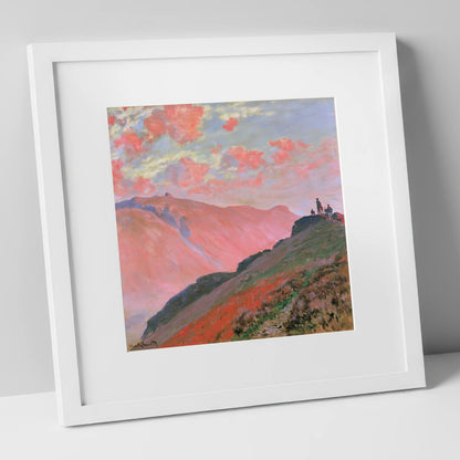 Hikers on a Pink Sunset Fell lake district fell art print in white frame