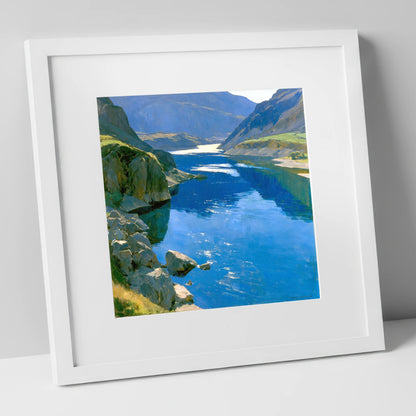 Brilliant Blue Lake and Fells lake district lake art print in white frame