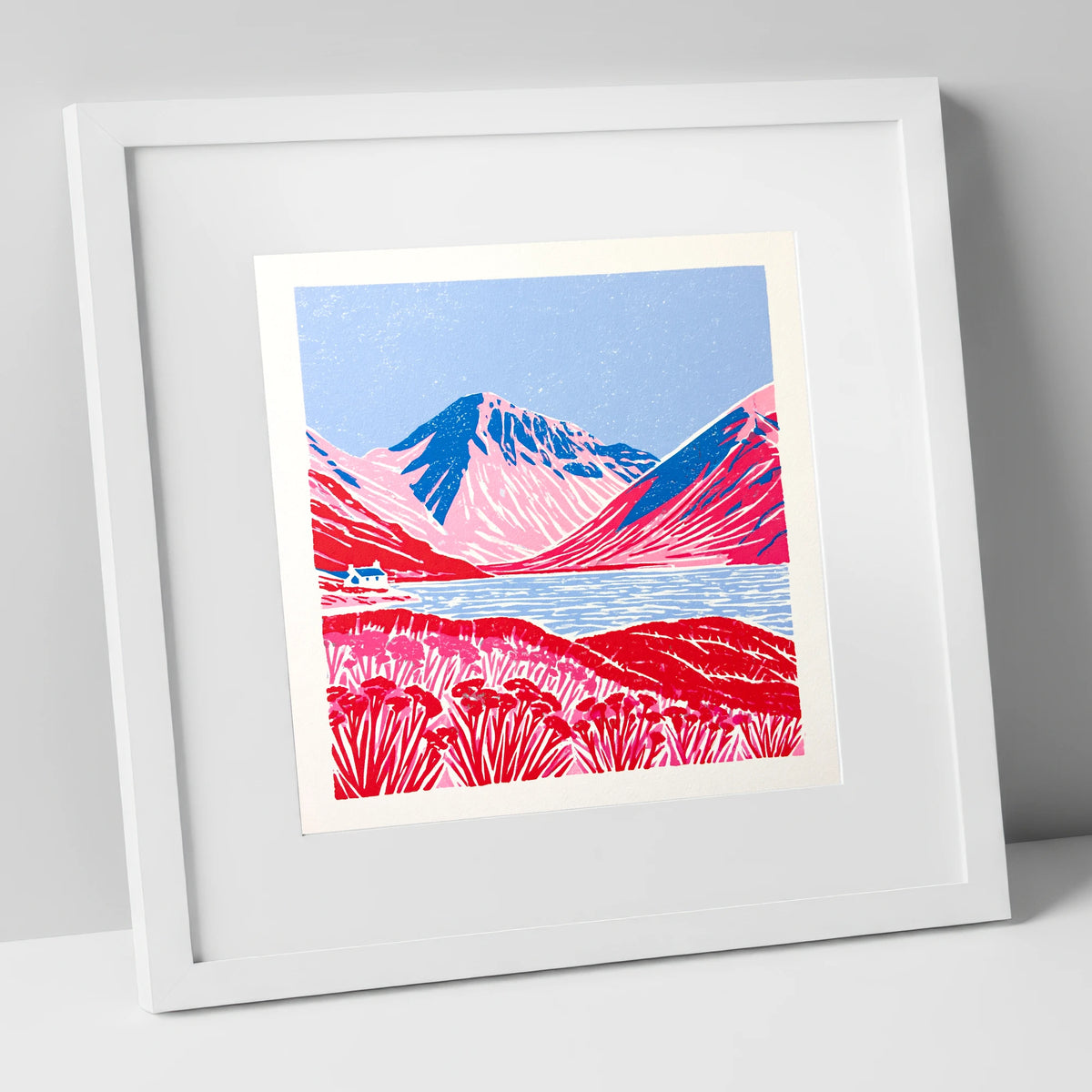 Vibrant Red Wasdale Fells lake district valley art print in white frame