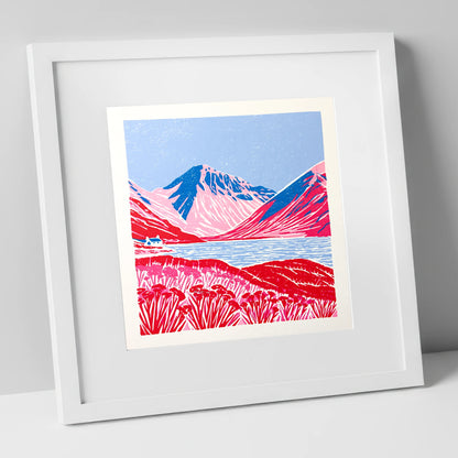 Vibrant Red Wasdale Fells lake district valley art print in white frame