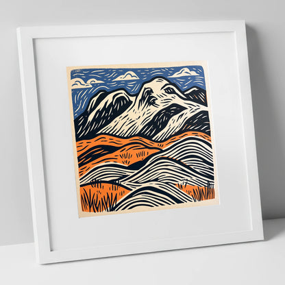 Bowfell Over Orange Fells lake district fell art print in white frame