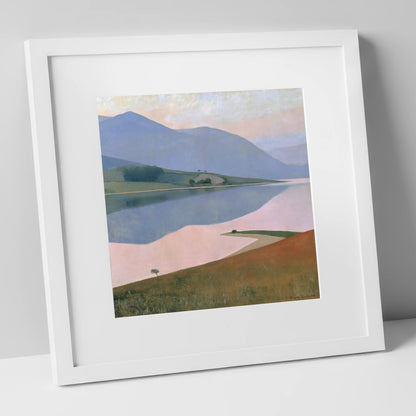 Pastel Fells and Still Lake lake district lake art print in white frame