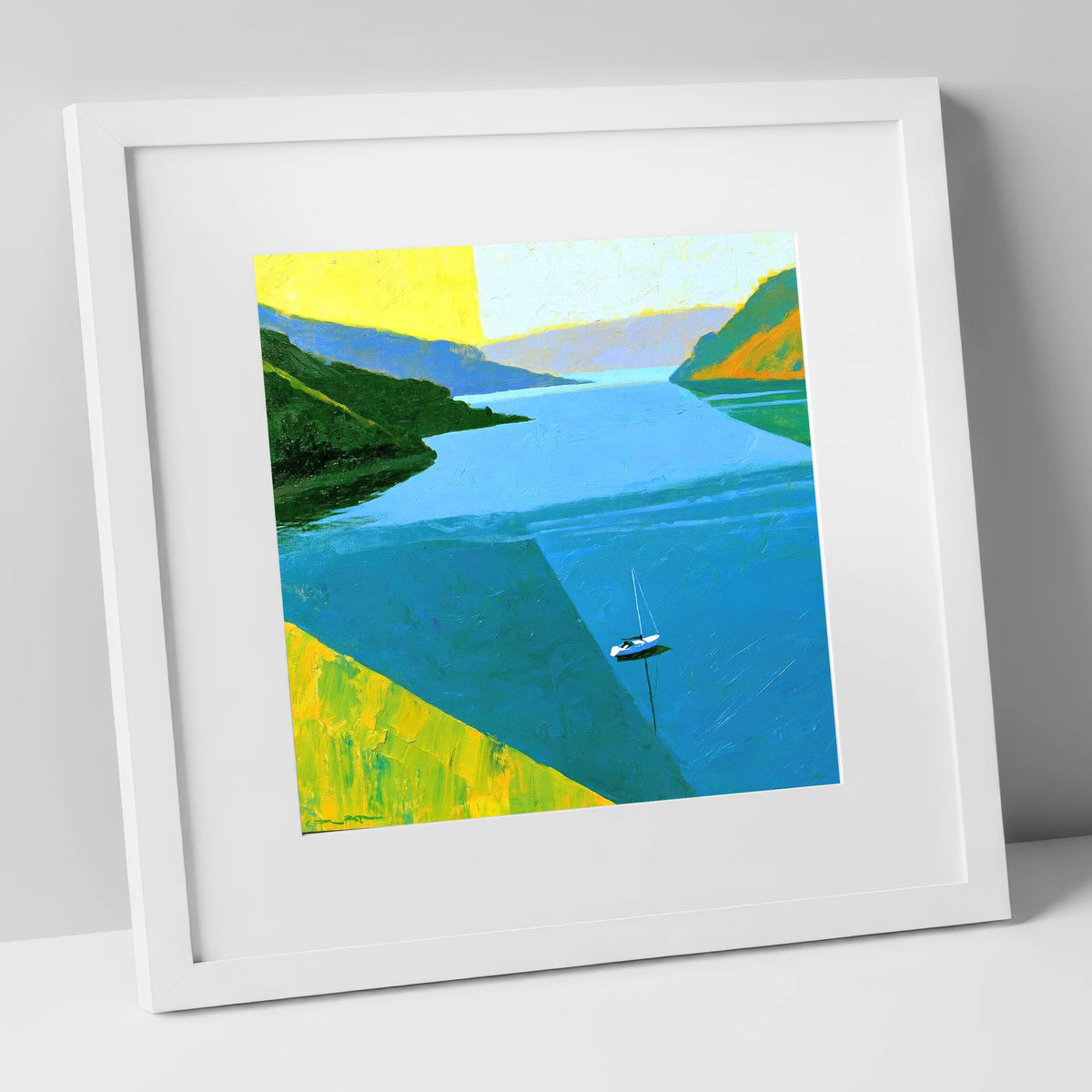 Ullswater Sailboat in Vibrant Blue lake district lake art print in white frame