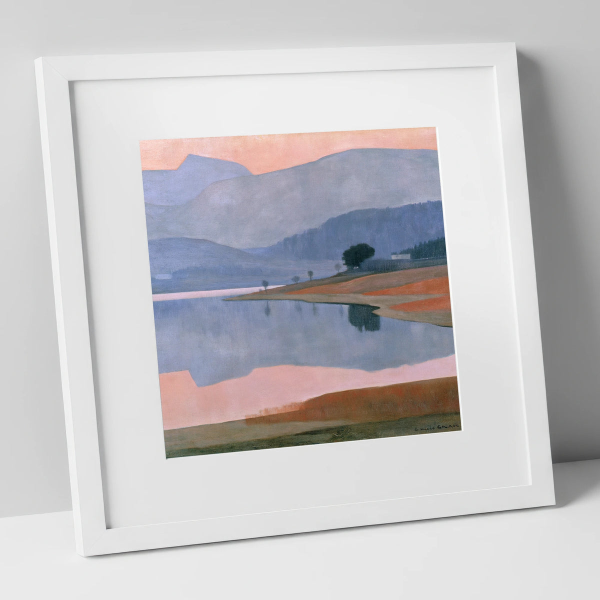 Lavender Fells and Still Lake lake district lake art print in white frame