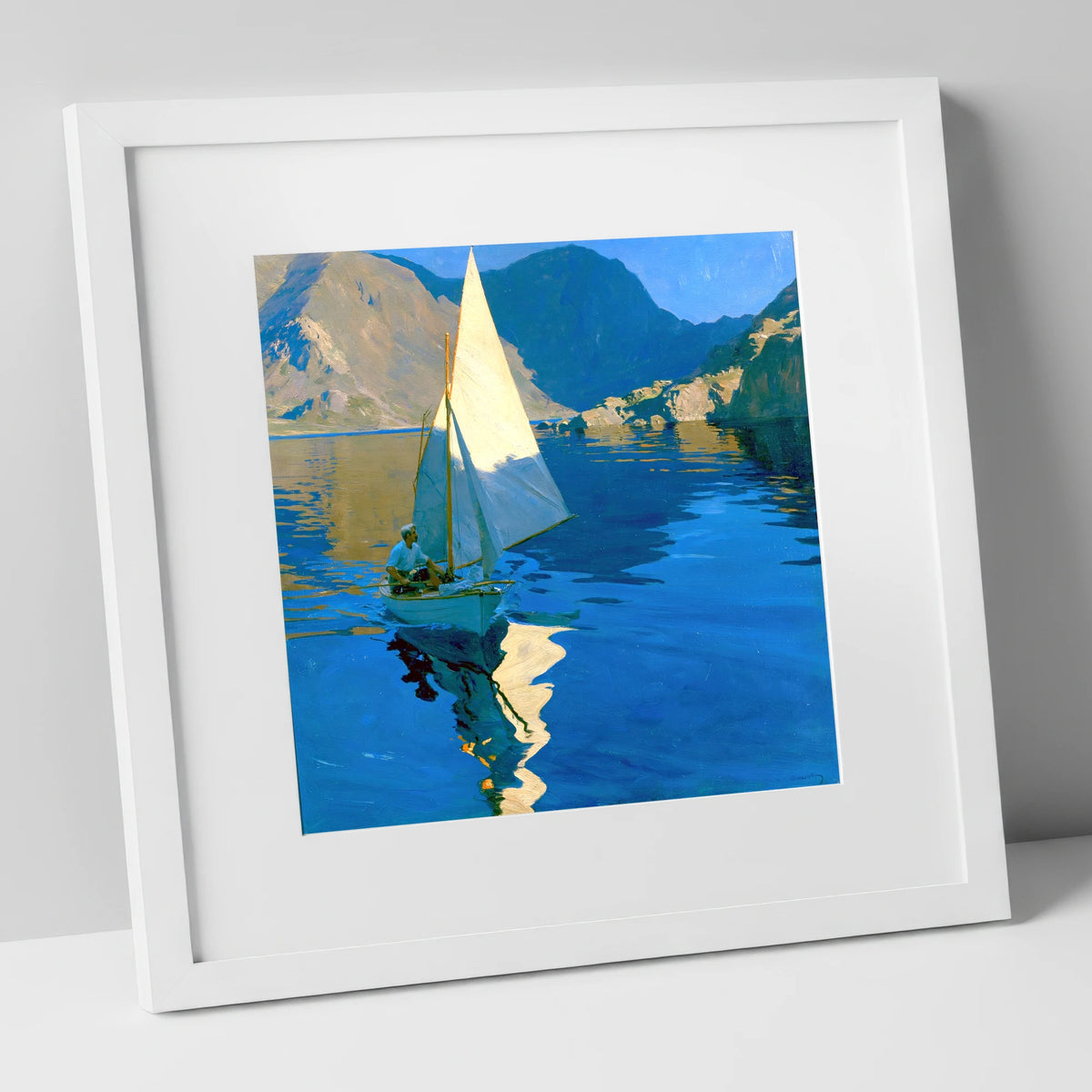 Sunlit Sailboat on a Breezy Lake lake district walking art print in white frame