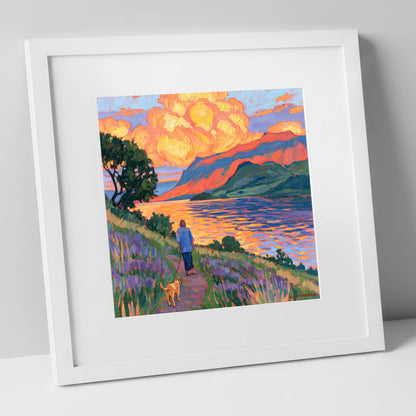 Vibrant Ullswater Evening Dog Walk gifts for dog walkers art print in white frame