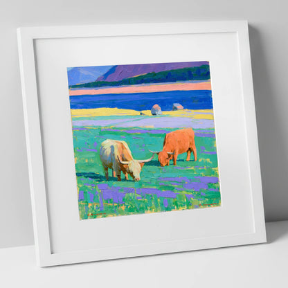 Vibrant Highland Cattle Pasture lake district wildlife art print in white frame