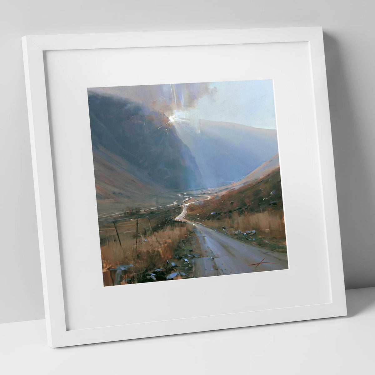 Mountain Pass in Breaking Light lake district valley art print in white frame